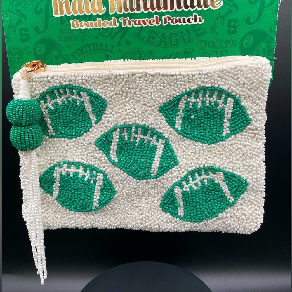 Viral Handcrafted Beaded Football Pouch/Wallet Green and White Made in India